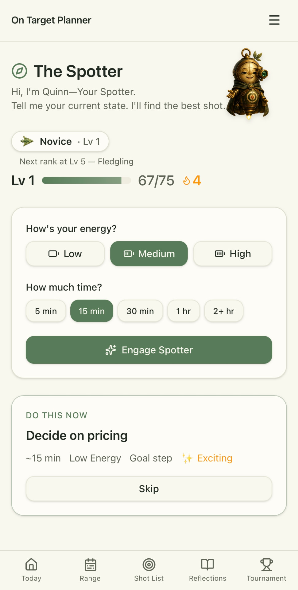 The Spotter screen showing energy and time selection with a recommended task