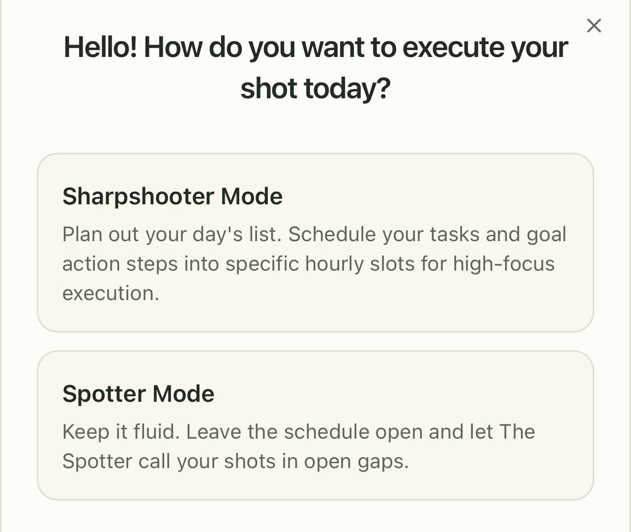 On Target Planner mode picker showing Sharpshooter Mode and Spotter Mode