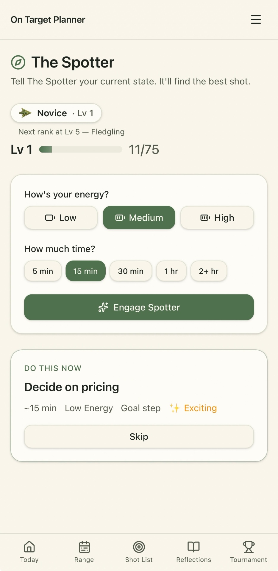 The Spotter screen showing energy and time selection with a recommended task